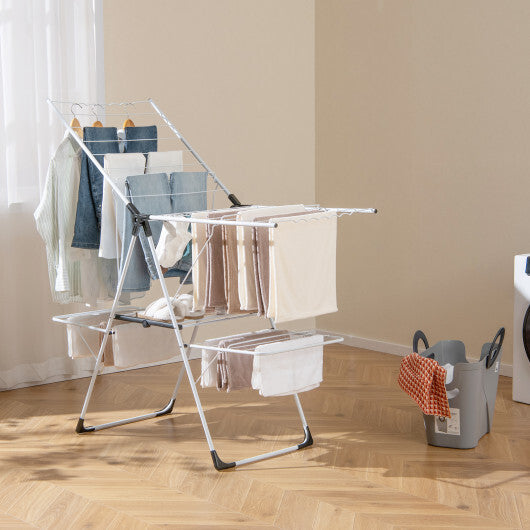 2-level Laundry Drying Rack with Height Adjustable Wings - Color: White