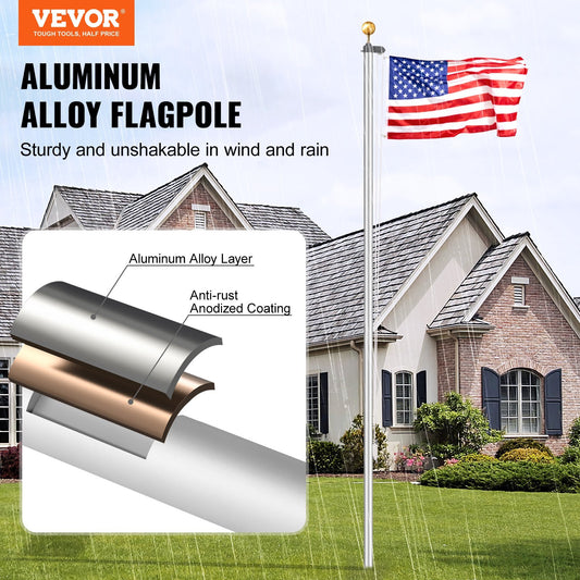 20FT Sectional Flag pole Kit, Heavy Duty Aluminum Alloy in Ground Flag poles for Outside, 3 Display Modes Flagpole with 3x5 American Flag, Professional Accessories, Silver