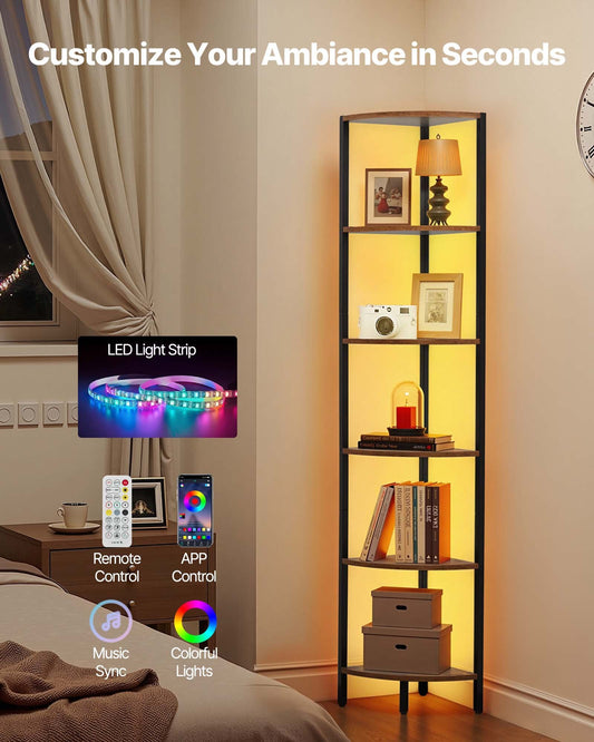 6 Tier Corner Shelf with LED Light, 68" Tall Corner Bookshelf with Storage Shelves for Collectibles, Display Shelf with Multi-color Lights Controlled Via RC/APP for Bedroom, Living Room, Office